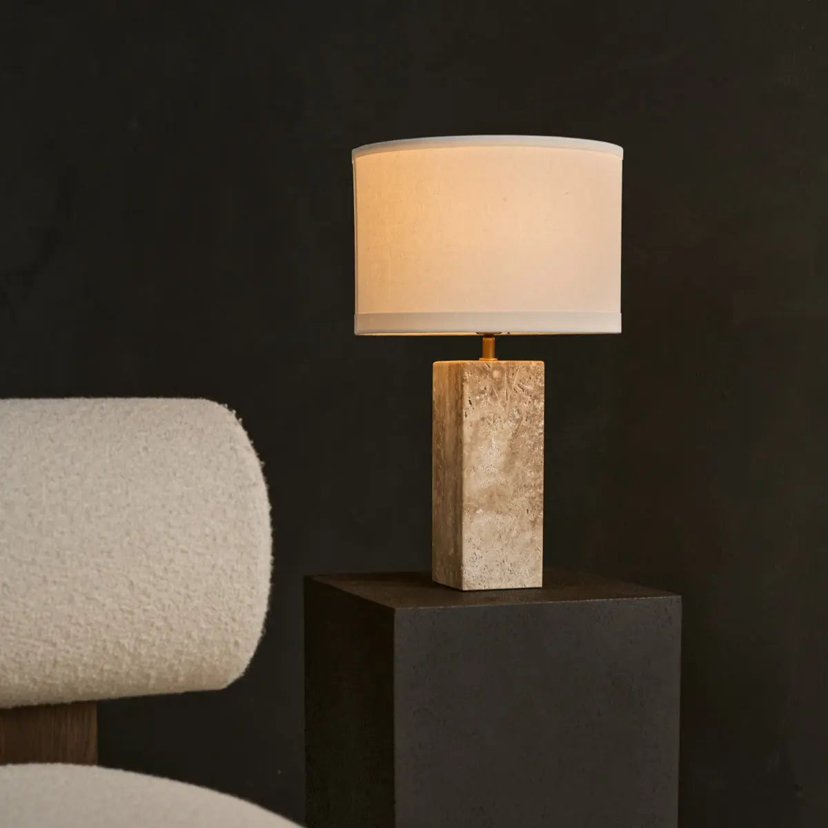 Rosie Travertine Lamp – Elegant Natural Stone with Cotton Shade Tavellio