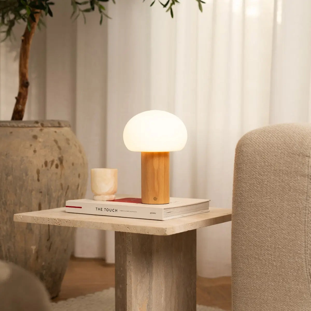 Sam Wooden Table Lamp with Glass & Rechargeable Battery | Dimmable & Versatile Lighting Tavellio